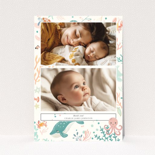 Baby thank you card design featuring two photos with a marine life theme.