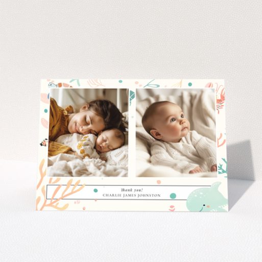 Baby thank you card design featuring two photos with a marine life theme.