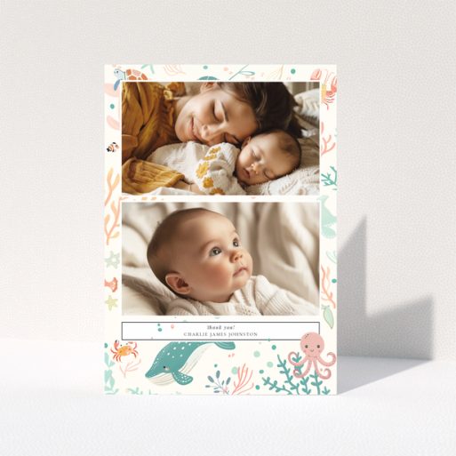 Baby thank you card design featuring two photos with a marine life theme.