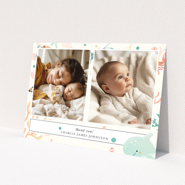 Baby thank you card design featuring two photos with a marine life theme.