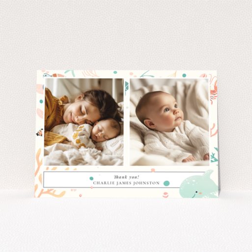 Baby thank you card design featuring two photos with a marine life theme.