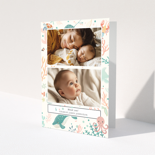 Baby thank you card design featuring two photos with a marine life theme.