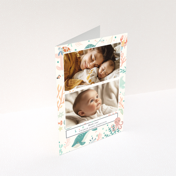 Baby thank you card design featuring two photos with a marine life theme.