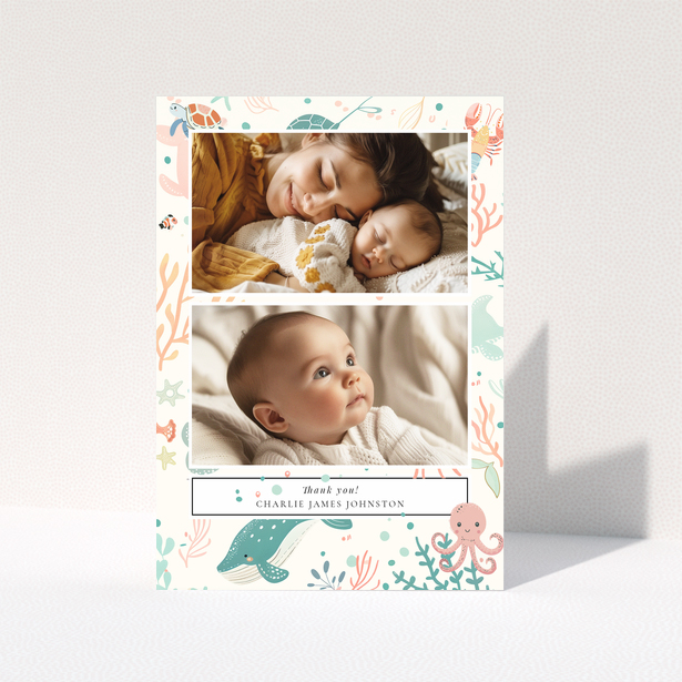 Baby thank you card design featuring two photos with a marine life theme.