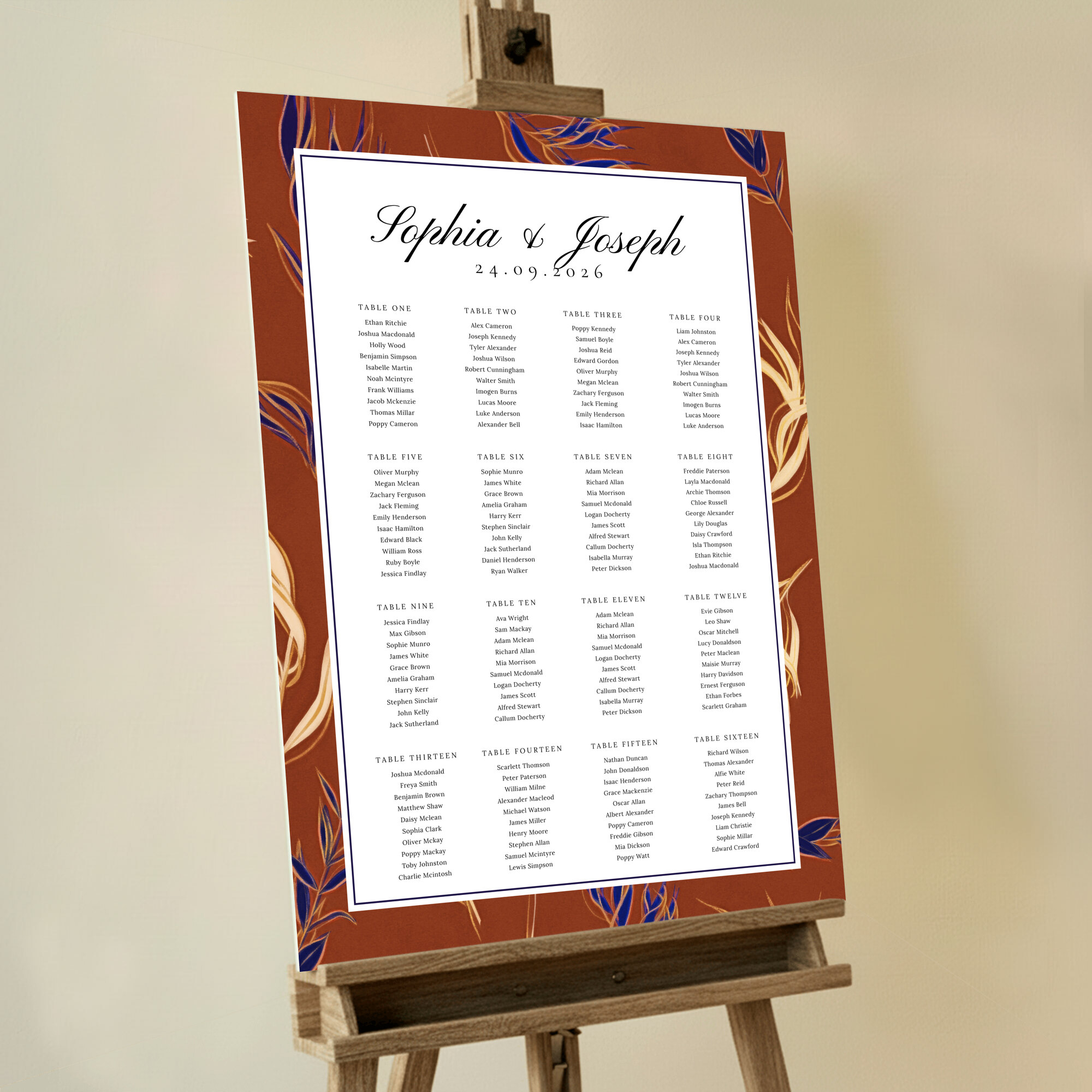 Bespoke Ochre Botanicals Seating Charts featuring blue and cream flower elements on a dark ochre background, adding an earthy charm and blending classic elegance with a natural aesthetic to your special day.. This design shows 16 tables.