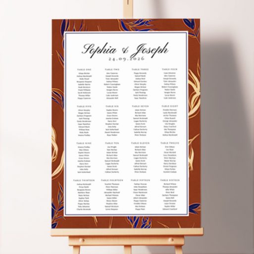 Bespoke Ochre Botanicals Seating Charts featuring blue and cream flower elements on a dark ochre background, adding an earthy charm and blending classic elegance with a natural aesthetic to your special day.. This design shows 16 tables.