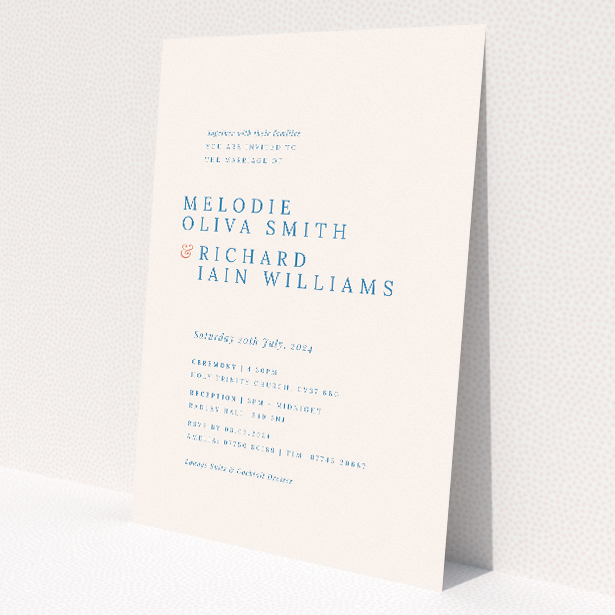 Offset Invitation Wedding Invitation - A5-sized invitation with crisp white background and deep navy typography, blending tradition with contemporary style, perfect for couples seeking stylish and memorable wedding stationery This is a view of the front
