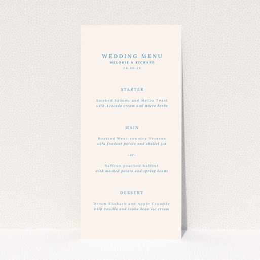Offset Invitation wedding menu design with crisp white background and deep navy typography, ideal for couples seeking a stylish and memorable presentation of their special day's details, embodying the beauty of simplicity and the timeless appeal of a classic colour palette This is a view of the front
