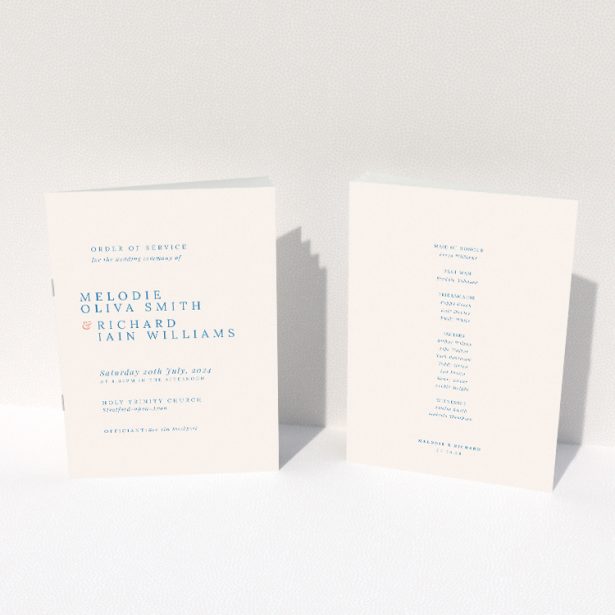 "Offset Invitation Wedding Order of Service A5 Booklet - Contemporary design with dynamic offset layout, featuring clean white background and navy blue text for modern weddings.". This image shows the front and back sides together