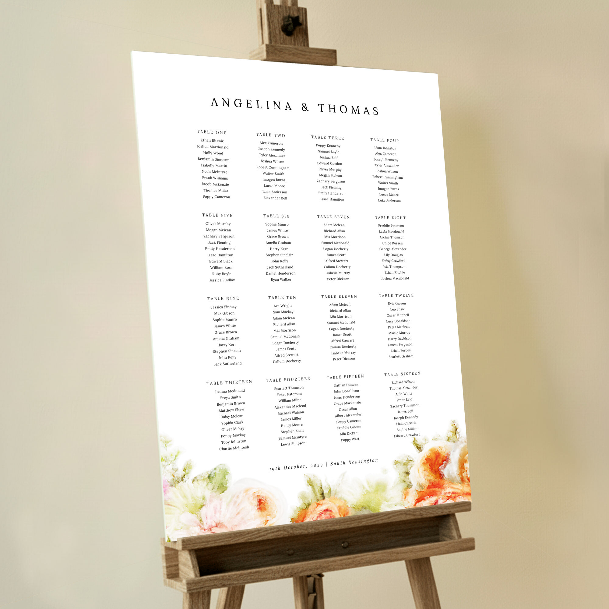 'Oil Painted Blooms' Seating Plan featuring beautifully painted flowers at the bottom of the board, adding a touch of timeless beauty and sophistication to your wedding celebration.. This one has 16 tables.