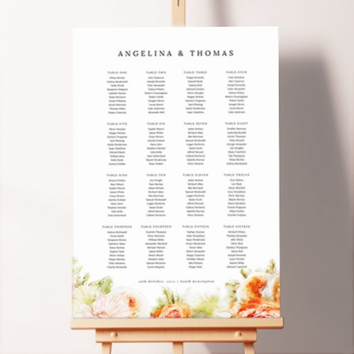 "Oil Painted Blooms" Seating Plan featuring beautifully painted flowers at the bottom of the board, adding a touch of timeless beauty and sophistication to your wedding celebration.. This one has 16 tables.