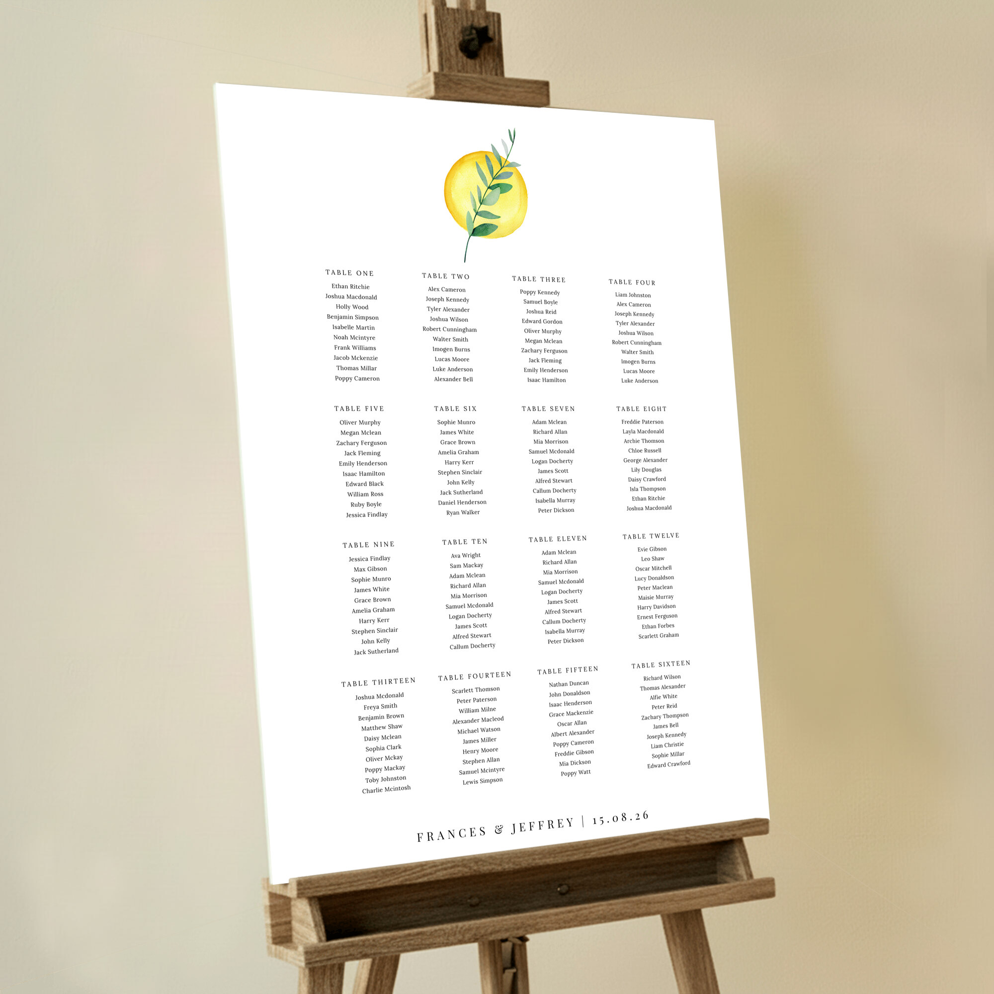 Bespoke Olive Branch Radiance Seating Plan featuring a central detail of an olive branch atop a yellow sunlight circle, creating a bright and airy design that brings warmth and harmony to your special day.. This template is formatted for 16 tables.