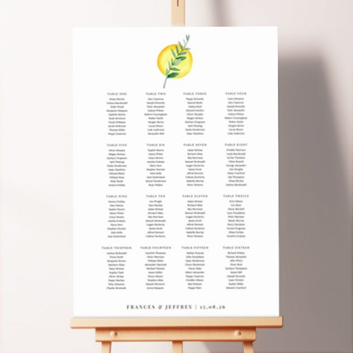 Bespoke Olive Branch Radiance Seating Plan featuring a central detail of an olive branch atop a yellow sunlight circle, creating a bright and airy design that brings warmth and harmony to your special day.. This template is formatted for 16 tables.