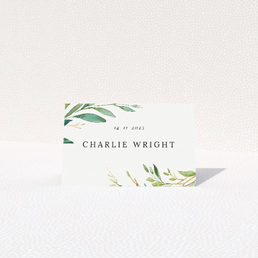 Olive Elegance Place Cards - Mediterranean Wedding Place Card Template with Lush Olive Branches and Gold Accents. This is a view of the front