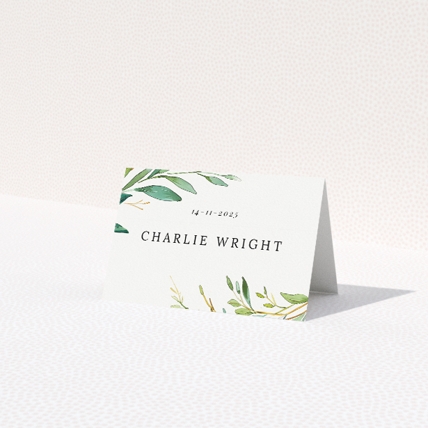 Olive Elegance Place Cards - Mediterranean Wedding Place Card Template with Lush Olive Branches and Gold Accents. This is a third view of the front