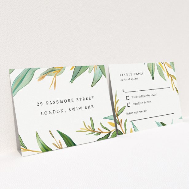 RSVP card template from the 'Olive Elegance' suite, featuring Mediterranean-inspired design with lush olive branches and subtle gold accents, exuding tranquillity and classic elegance This is a view of the back