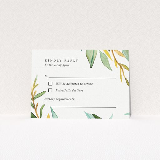 RSVP card template from the 'Olive Elegance' suite, featuring Mediterranean-inspired design with lush olive branches and subtle gold accents, exuding tranquillity and classic elegance This is a view of the front