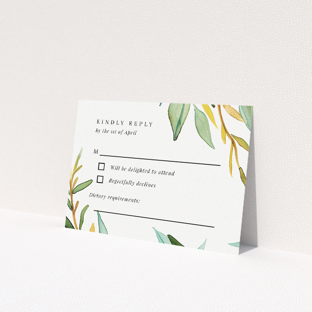 RSVP card template from the 'Olive Elegance' suite, featuring Mediterranean-inspired design with lush olive branches and subtle gold accents, exuding tranquillity and classic elegance This is a view of the front
