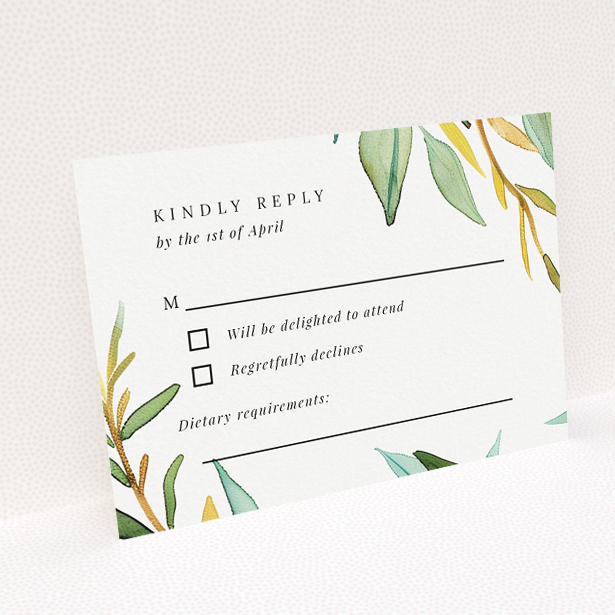 RSVP card template from the 'Olive Elegance' suite, featuring Mediterranean-inspired design with lush olive branches and subtle gold accents, exuding tranquillity and classic elegance This is a view of the back