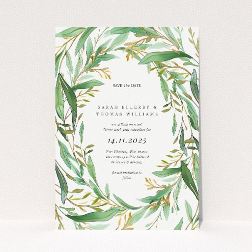 Olive Elegance save the date card - A6-sized card featuring a watercolour-style wreath of olive branches in gentle green hues and warm gold accents, perfect for announcing your special day with grace and natural charm This is a view of the front