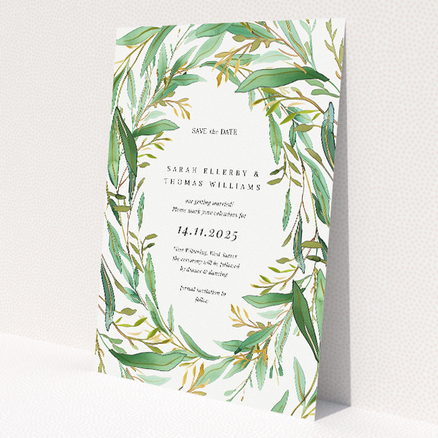 Olive Elegance save the date card - A6-sized card featuring a watercolour-style wreath of olive branches in gentle green hues and warm gold accents, perfect for announcing your special day with grace and natural charm This is a view of the back