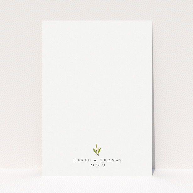Olive Elegance save the date card - A6-sized card featuring a watercolour-style wreath of olive branches in gentle green hues and warm gold accents, perfect for announcing your special day with grace and natural charm This is a view of the back