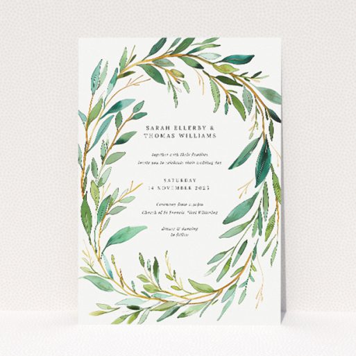 "Olive Elegance wedding invitation featuring lush olive branch wreath design in shades of green with gold accents, evoking Mediterranean tranquillity and botanical elegance.". This is a view of the front