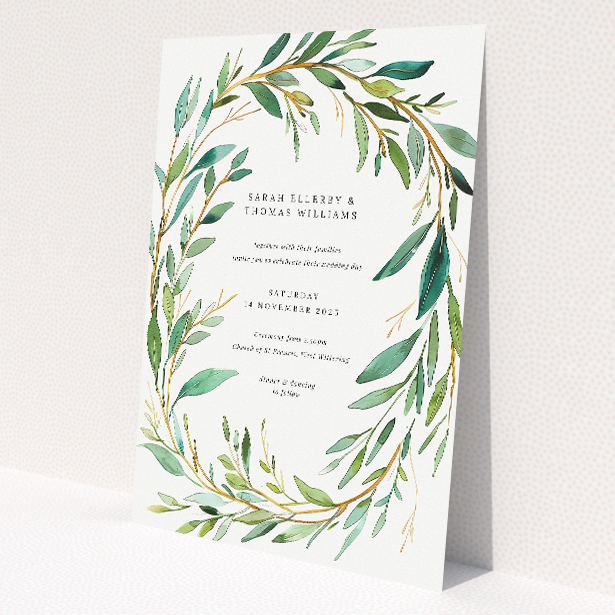 'Olive Elegance wedding invitation featuring lush olive branch wreath design in shades of green with gold accents, evoking Mediterranean tranquillity and botanical elegance.'. This is a view of the front