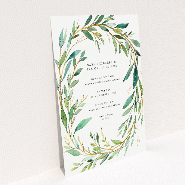 "Olive Elegance wedding invitation featuring lush olive branch wreath design in shades of green with gold accents, evoking Mediterranean tranquillity and botanical elegance.". This image shows the front and back sides together