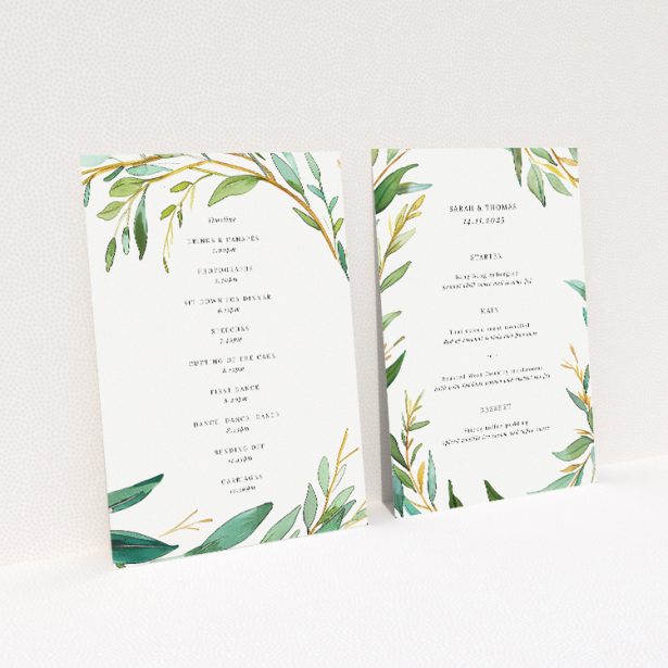 Elegant Olive Elegance Wedding Menu Template with Lush Olive Branch Wreath. This image shows the front and back sides together