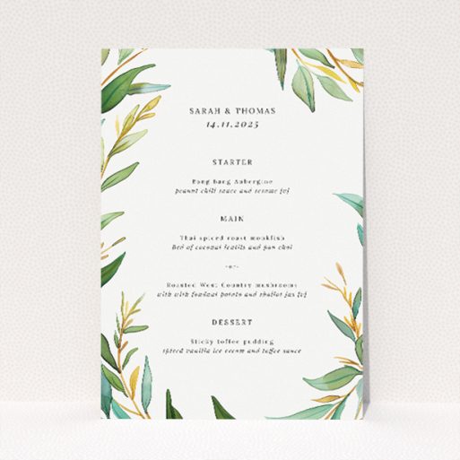 Elegant Olive Elegance Wedding Menu Template with Lush Olive Branch Wreath. This is a view of the front