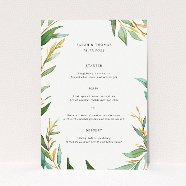 Elegant Olive Elegance Wedding Menu Template with Lush Olive Branch Wreath. This is a view of the front