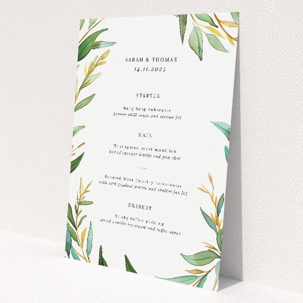Elegant Olive Elegance Wedding Menu Template with Lush Olive Branch Wreath. This image shows the front and back sides together