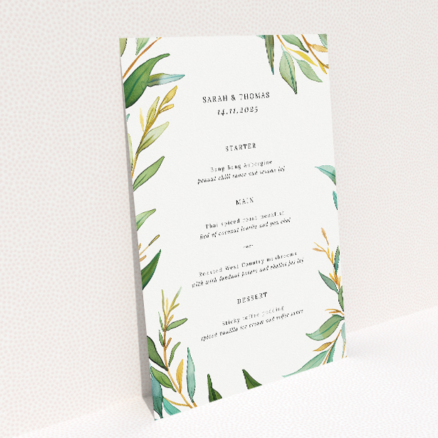 Elegant Olive Elegance Wedding Menu Template with Lush Olive Branch Wreath. This image shows the front and back sides together