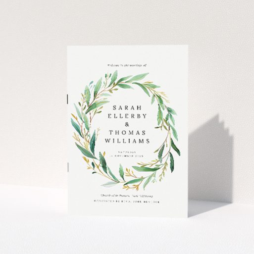 Sophisticated Olive Elegance Wedding Order of Service Booklet with Hand-painted Wreath of Olive Branches. This is a view of the front