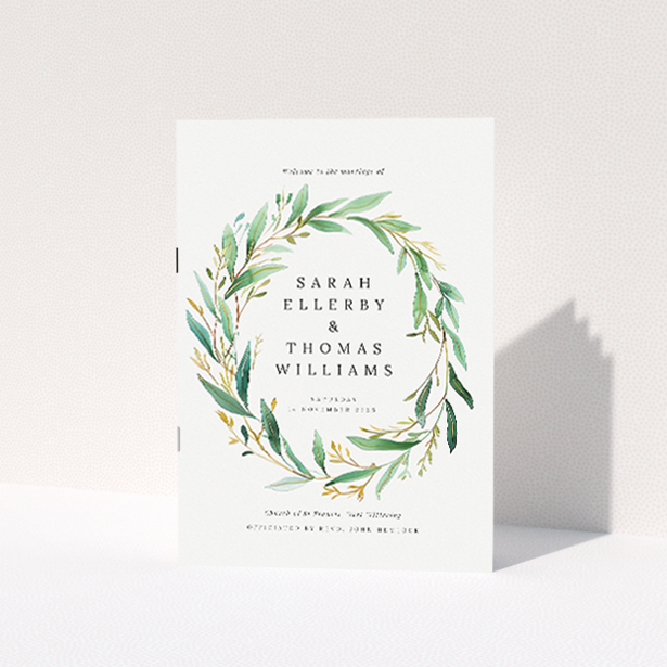 Sophisticated Olive Elegance Wedding Order of Service Booklet with Hand-painted Wreath of Olive Branches. This is a view of the front
