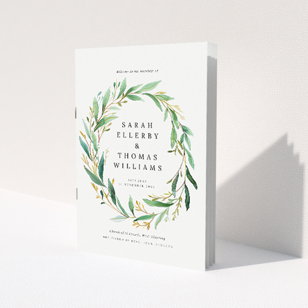 Sophisticated Olive Elegance Wedding Order of Service Booklet with Hand-painted Wreath of Olive Branches. This image shows the front and back sides together