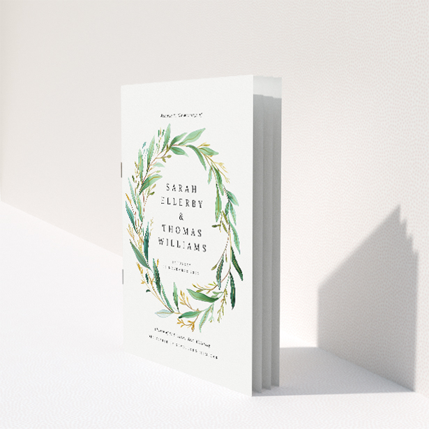 Sophisticated Olive Elegance Wedding Order of Service Booklet with Hand-painted Wreath of Olive Branches. This image shows the front and back sides together