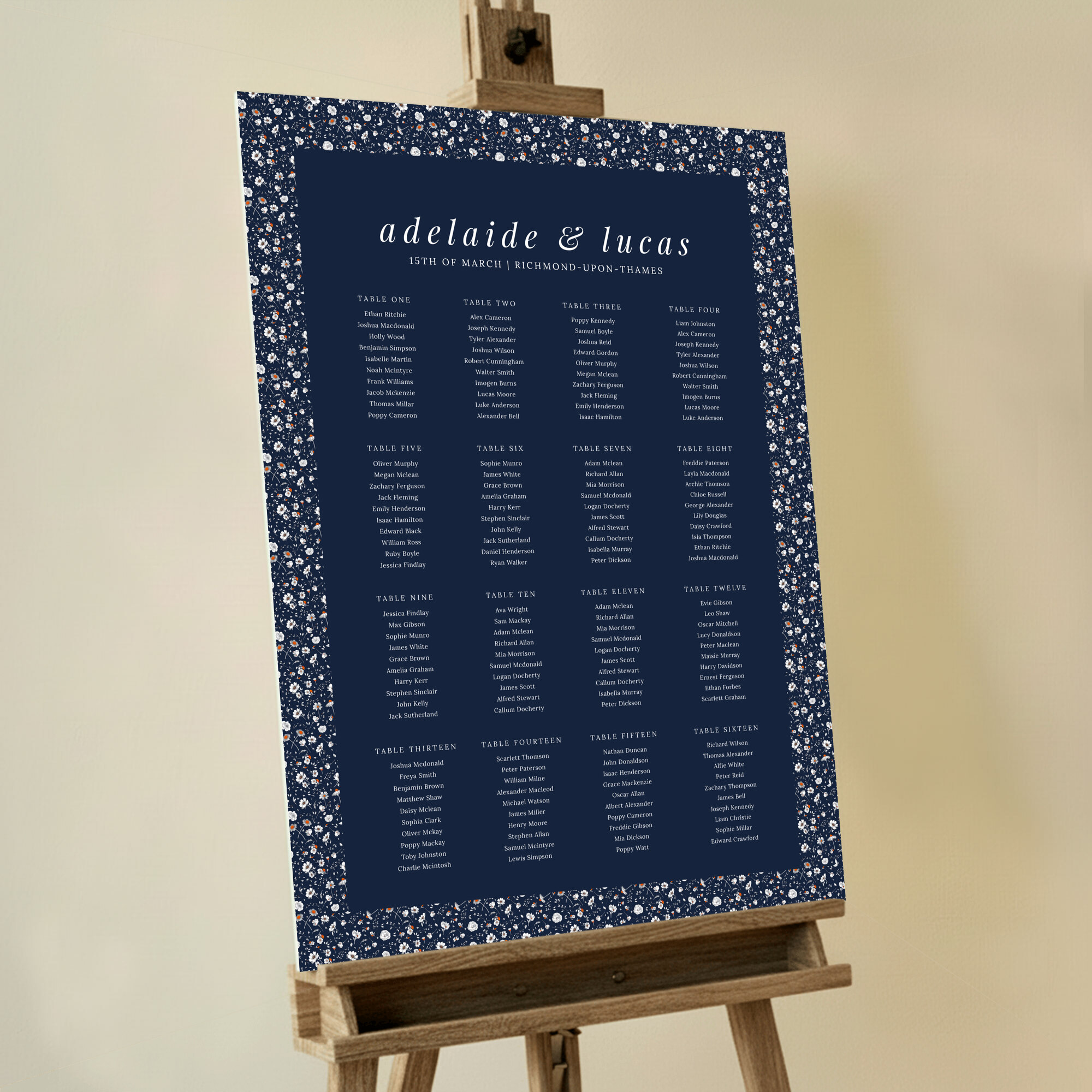 Customised Orange Bloom Seating Arrangements featuring a versatile design with a white and orange floral pattern on a dark navy blue background, adding a touch of warmth and sophistication to your special day, perfect for both winter and summer weddings.. This template is formatted for 16 tables.