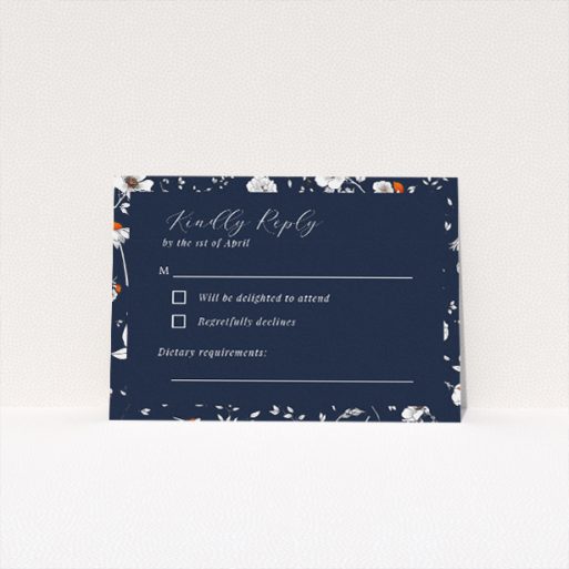 RSVP card from the 'Orange Bloom' wedding stationery suite, featuring traditional floral motifs against a rich navy backdrop, exuding sophistication and timeless grace. Ideal for couples desiring refined simplicity intertwined with natural allure This is a view of the front