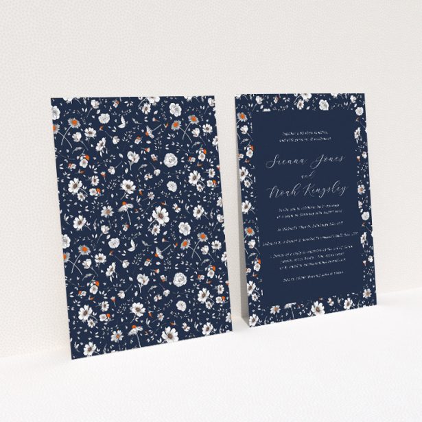 A5 wedding invitation featuring the 'Orange Bloom' floral design against a navy backdrop. This image shows the front and back sides together