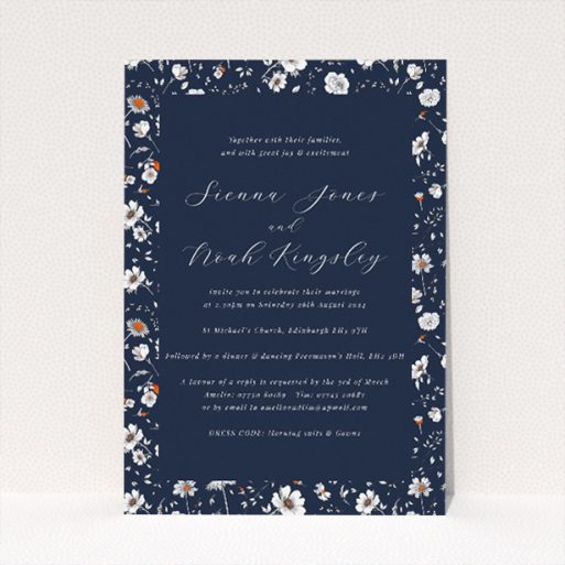 A5 wedding invitation featuring the 'Orange Bloom' floral design against a navy backdrop. This is a view of the front