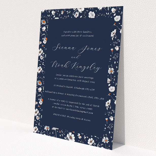 A5 wedding invitation featuring the 'Orange Bloom' floral design against a navy backdrop. This is a view of the front