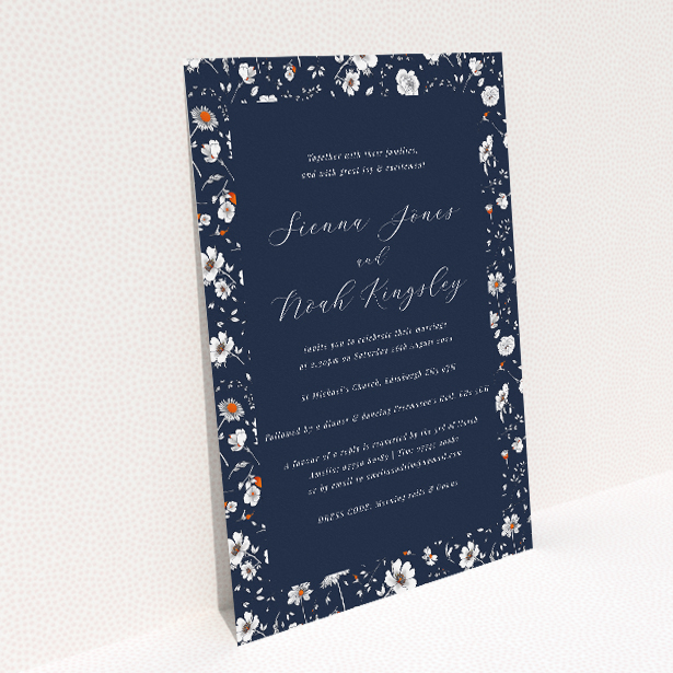 A5 wedding invitation featuring the 'Orange Bloom' floral design against a navy backdrop. This image shows the front and back sides together