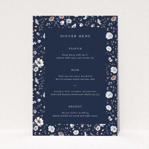 Orange Bloom wedding menu featuring traditional floral motifs on a bold navy backdrop, with delicate blooms dancing across deep blue canvases, exuding elegance and charm, perfect for couples seeking refined sophistication with a touch of natural beauty This is a view of the front