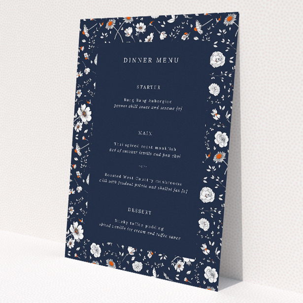 Orange Bloom wedding menu featuring traditional floral motifs on a bold navy backdrop, with delicate blooms dancing across deep blue canvases, exuding elegance and charm, perfect for couples seeking refined sophistication with a touch of natural beauty This is a view of the front