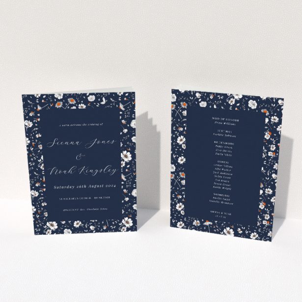 Orange Bloom Wedding Order of Service booklet template with navy blue background and floral pattern. This image shows the front and back sides together