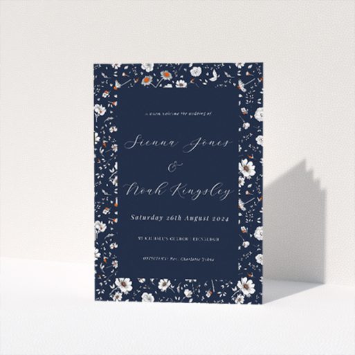 Orange Bloom Wedding Order of Service booklet template with navy blue background and floral pattern. This is a view of the front
