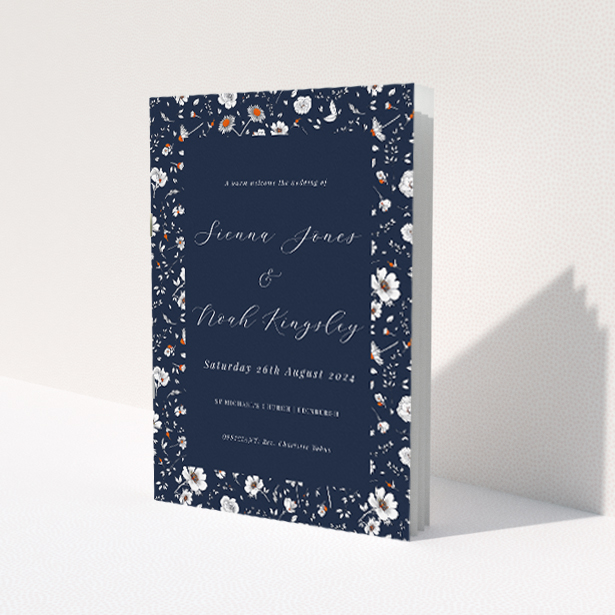 Orange Bloom Wedding Order of Service booklet template with navy blue background and floral pattern. This is a view of the front
