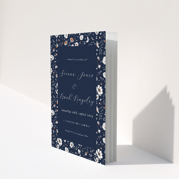 Orange Bloom Wedding Order of Service booklet template with navy blue background and floral pattern. This image shows the front and back sides together